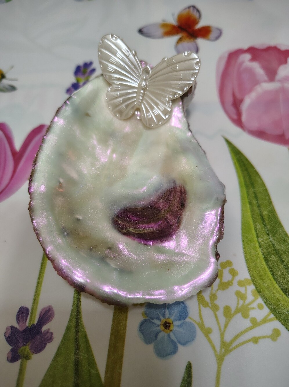 Iridescent Oyster Shell Decoration/Trinket Holder with Butterfly Accent